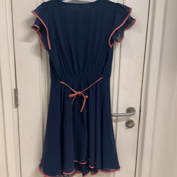 NWT Dress in Blue & Pink with lining, stretch, double frill, belt! Size UK M/L - Picture 7 of 14